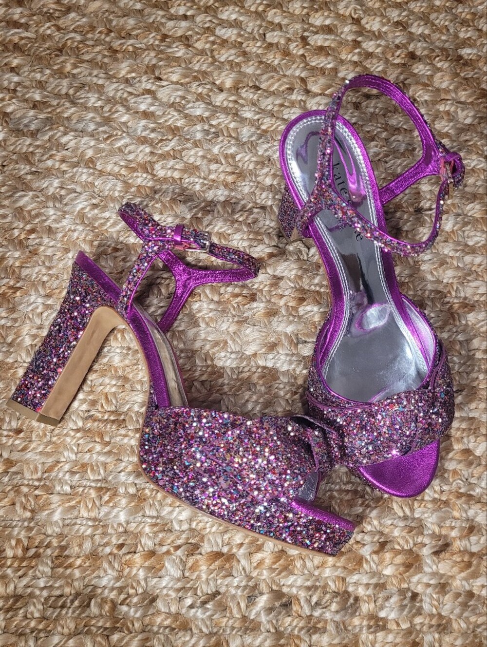 Kate Spade Confetti Purple Pink Glitter Ankle Strap Platform Heels 9B Retro